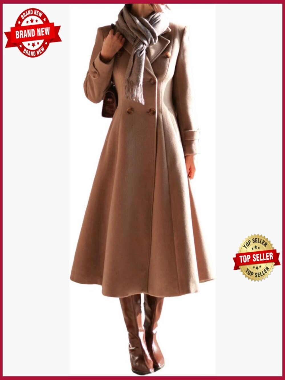 Long Wool Blend Double Breasted Peacoat Overcoat Slim Fit Notch Lapel